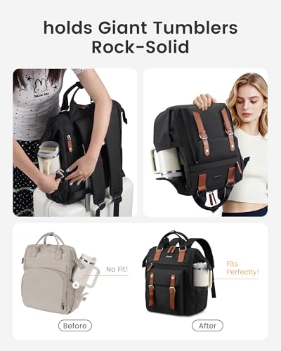 LOVEVOOK Laptop Backpack for Women with Giant Tumbler Holder Pocket,15.6 inch Waterproof Travel Backpack Purse Computer Laptop Bag - color: Black-brown, size: 15.6 Inch Cup