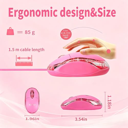 SOON GO Pink Mouse,Computer Mouse,with 1.5m Pink USB Cable - Compatible with Windows, Linux, Mac, Laptop, PC & Desktop - Ideal for Office, Home, Business, School, Kids & Women - color: Pink