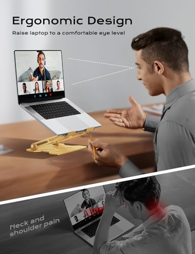 JCZT Adjustable Laptop Stand for Desk, Metal Foldable Laptop Riser, Portable Laptop Holder Mount, Ventilated Cooling Computer Notebook Stand for MacBook Air Pro, All 10-16'' Notebooks Laptops, Gold - color: Gold