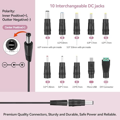 Universal 5V DC Power Cable, USB to DC Charging Cord with 10pcs Adapter Plugs Compatible with Webcam Router, Power Bank, Toy, Recorder, Bluetooth Speaker, Scanner, DVR, Hard Disk Box, USB-HUB etc.