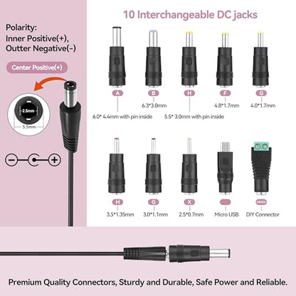 Universal 5V DC Power Cable, USB to DC Charging Cord with 10pcs Adapter Plugs Compatible with Webcam Router, Power Bank, Toy, Recorder, Bluetooth Speaker, Scanner, DVR, Hard Disk Box, USB-HUB etc.