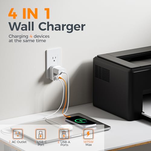 TESSAN Wall Charger Block 3 USB Charging Ports 1 USB C 1 AC Outlet Splitter | 1875W Wall Outlet Extender, Multi Plug Adapter for Cruise, Home, Office, Dorm Room Essentials, Grey
