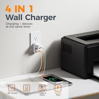 TESSAN Wall Charger Block 3 USB Charging Ports 1 USB C 1 AC Outlet Splitter | 1875W Wall Outlet Extender, Multi Plug Adapter for Cruise, Home, Office, Dorm Room Essentials, Grey