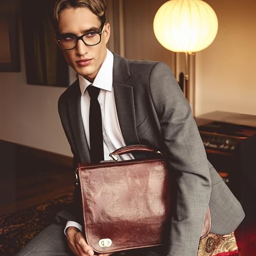 Time Resistance Leather Briefcase for Men - Italian Full Grain Leather Laptop Bag - Messenger Bag - Gift Box Included - color: Dark Brown