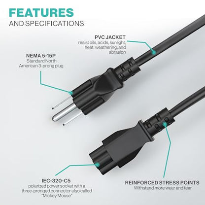 Standard 3ft 3 Prong AC Laptop Power Cord 125 Volts Replacemenet C5 Charger Cable for Laptop, Notebook, Monitors, Projectors, Scanners - size: 3FT