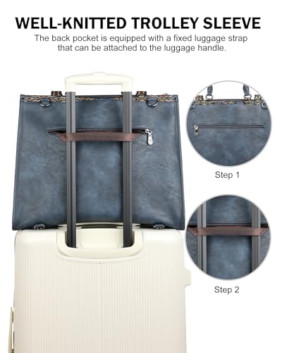 FADEON Laptop Bag for Women Designer PU Leather Large Tote Bags Backpack Purses with 15.6 Laptop Compartment Shoulder Handbag - color: Dark Blue Retro Style