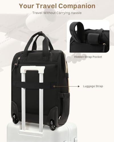 Rolling Puffer Backpack for Women, Wheeled Laptop Backpack, Short-Term Travel Backpack with Wheels, Roller Adults Work Computer Bag, Water Resistant Overnight College Underseat Carry on Luggage, Black - color: Black