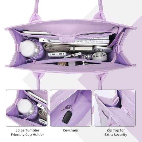 Laptop Tote Bag for Women, Large Canvas Totes with Zipper and Key Fob, Work School Bag Travel Bag Teacher Nurse Purse - color: Lavender