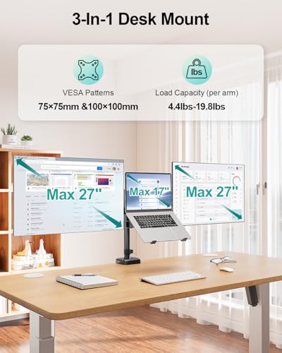 MOUNT PRO Monitor and Laptop Mount for 2 Max 27" Computer Screens, Laptop Tray Fits 10-17inch Notebook, 3-in-1 Adjustable Laptop and Monitor Desk Mount with VESA Bracket 75/100mm