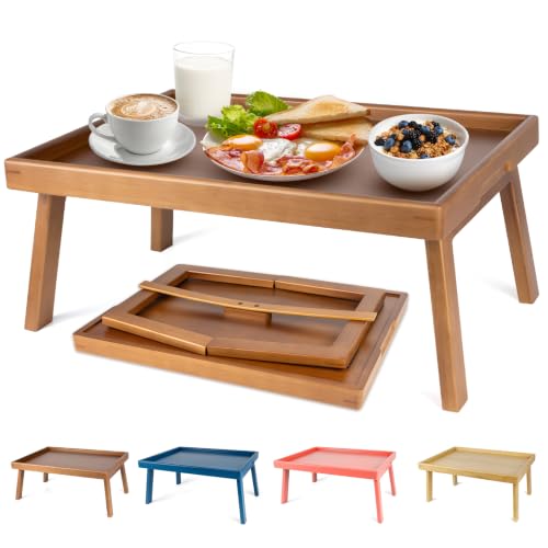 Large Bed Table Tray with Support Bar and Foldable Legs, Bamboo Breakfast Food Trays Table for Bed Sofa Eating and Laptops, TV Lap Tray Table on Couch (Applied for Invention Patent) - color: Vintage Brown, size: 20x13x9.4 in