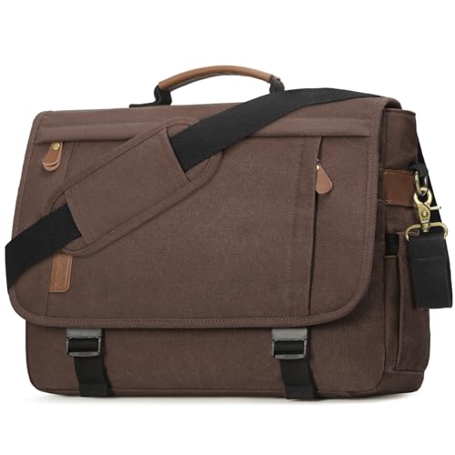 RAINSMORE Messenger Bag for Men 17-17.3 Inch Laptop Bag Water-resistant Canvas Computer Shoulder Bag Office Work Briefcase Large Casual Satchel Bags for Men Bookbag for College, Coffee - color: Coffee