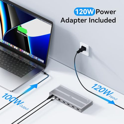 Displaylink Docking Station 3 Monitors with 120W Power Adapter, 14-in-1 Laptop Dock for MacBook M1/M2/M3/M4/Windows, 3XHDMI, 5 USB Ports, Ethernet, Audio, SD/microSD