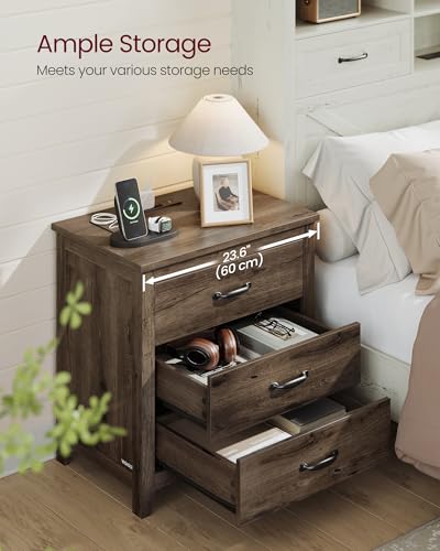 VASAGLE LIRY Collection - Farmhouse Nightstand with Charging Station, Set of 2, Bedside Tables, Side End Tables with 3 Drawers, for Bedroom, Taupe Brown ULET979T01 - color: Taupe Brown, size: 2 PACK, style: 23.6"W x 24.8"H With 3 Drawers
