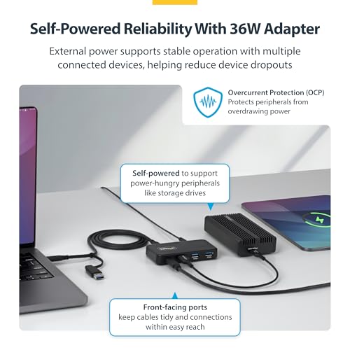 StarTech 4-Port USB-C & USB-A Hub, 5Gbps, 36W, NA (311NA-USB-HUB) | 1x USB-C, 3x USB-A with 1x BC 1.2, Self-powered 36W adapter, 15W USB-C PD plus 7.5W BC 1.2 charging, MacBook Windows