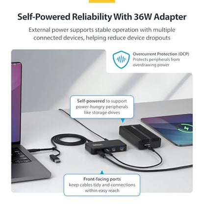 StarTech 4-Port USB-C & USB-A Hub, 5Gbps, 36W, NA (311NA-USB-HUB) | 1x USB-C, 3x USB-A with 1x BC 1.2, Self-powered 36W adapter, 15W USB-C PD plus 7.5W BC 1.2 charging, MacBook Windows