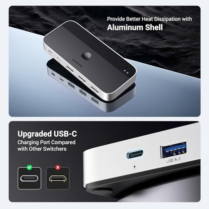 UGREEN USB 3.0 Switch 2 Computers Sharing USB C & A Devices, 4 Port USB Switcher Sharing Keyboard and Mouse, Printer/Scanner USB Switch Hub for Two Computers with 2 USB3.0 Cables and Remote - color: Silver