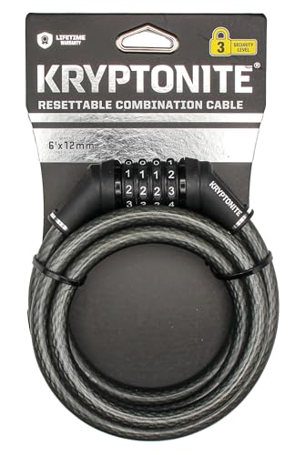 Kryptonite Resettable Combination Bike Lock Cable, 6ft. x 12mm Braided Steel Cable Anti-Theft Security Bicycle Lock with Keys for Outdoor Equipment, Bicycles, Scooters, Fence, Gate