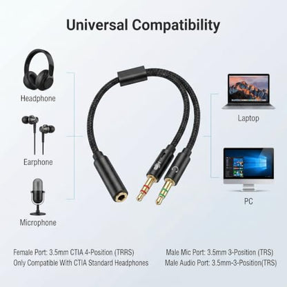 3.5mm Female to 2 Dual Male 3.5mm Audio Splitter, 2-in-1 Y Separator | 3.5 mm Aux Jack Cable 1 in 2 out, Headphone Mic Splitter for PC, Headset Jack Adapter Cable Dongle Cord for Phone, Laptop