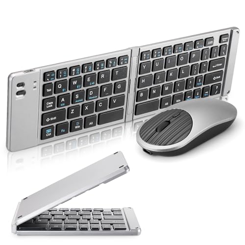 Mini Rechargeable Foldable Bluetooth Keyboard and Mouse Combo, Portable (Sync Up to 3 Devices), Ultra-Slim Travel Folding Keyboard for iPhone iPad Mac Android Windows iOS(Grey) - color: grey