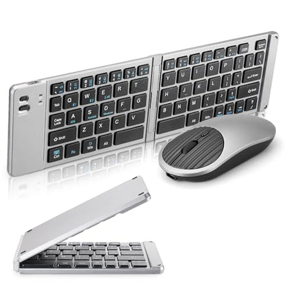 Mini Rechargeable Foldable Bluetooth Keyboard and Mouse Combo, Portable (Sync Up to 3 Devices), Ultra-Slim Travel Folding Keyboard for iPhone iPad Mac Android Windows iOS(Grey) - color: grey