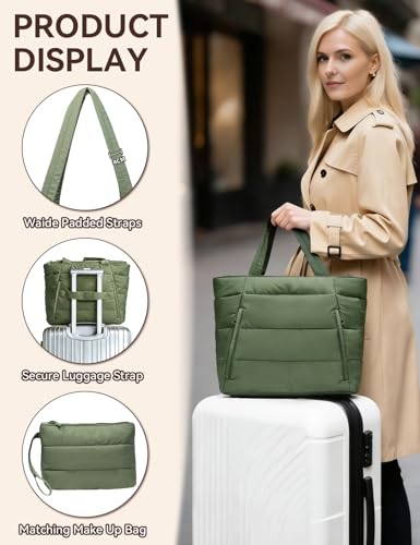 Puffer Tote Bag for Women, Nurse, Large Quilted Shoulder Bag with Cup Holder & Laptop Compartment for Work, Travel, Gym - color: Green