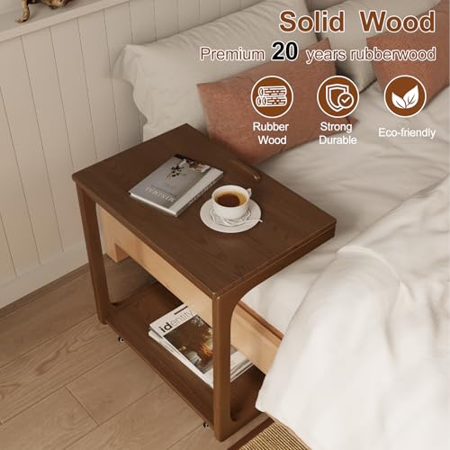 AQIMUELE Wooden C-Shaped End Table,Couch Table with Adjustable Desktop,Small Rolling Side Table with 2 Lockable Wheels 23.6" Width,Small End Table for Couch, Living Room,Bedroom (Walnut) - color: Walnut, size: 15.6"D x 23.6"W x 24.8"H, style: Modern 2 Tie