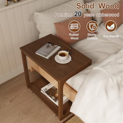 AQIMUELE Wooden C-Shaped End Table,Couch Table with Adjustable Desktop,Small Rolling Side Table with 2 Lockable Wheels 23.6" Width,Small End Table for Couch, Living Room,Bedroom (Walnut) - color: Walnut, size: 15.6"D x 23.6"W x 24.8"H, style: Modern 2 Tie