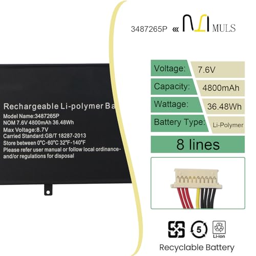 MULS 3487265P 8 Lines Battery for Jumper EZBook 3S 3 SE 3 Pro LB10 MB10 3S | Laptop Series P313R HW-3487265 WTL-3687265 3282122-2S 3587265P 36.48Wh 7.6V 4800mAh with Tools, Extended runtime