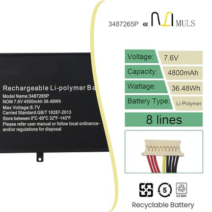 MULS 3487265P 8 Lines Battery for Jumper EZBook 3S 3 SE 3 Pro LB10 MB10 3S | Laptop Series P313R HW-3487265 WTL-3687265 3282122-2S 3587265P 36.48Wh 7.6V 4800mAh with Tools, Extended runtime
