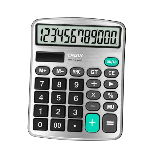 TRULY 12 Digits Desktop Calculator with Large LCD Display and Sensitive Button, Dual Solar Power and Battery, Standard Function for Office, Home, School, Metal Body, 837A Pro Silver - color: Silver