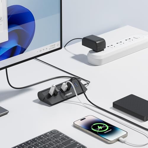 Powered USB Hub, JESWO 7-Port USB 3.0 Hub, Aluminum USB Data Hub with 3.3ft Cable, USB Hub 3.0 Powered with 20W Power Adapter for MacBook, Mac Pro/mini, iMac, XPS, PC, USB-Flash Drives, etc. (Black) - color: Black