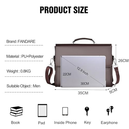 FANDARE Laptop Briefcase Men Notebook Case PU Leather Document Case Cross-Body Shoulder Messenger Bag 12.9 inch Laptop Handbag Work Travel Business School Professional Waterproof Bag Brown - color: Brown