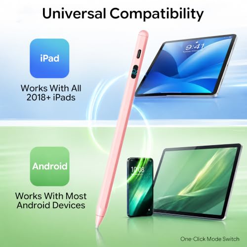 LED Battery Display Stylus Pen, Fast Charging Active Digital Pencil for iPad iPhone Samsung Android Tablets, Low Latency & Tilt Sensitivity for Note Taking/Drawing, No Bluetooth Needed (Pink) - color: Pink
