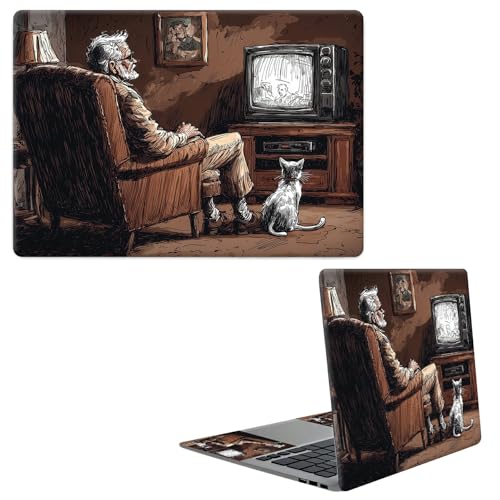 Laptop Skin Sticker Decal, Universal Protective Cover Fit 12 13 14 15.6 Inch Notebook, Reusable Water-Resistant Vinyl Decal w/ 2 Wrist Pads for Business Travel Office, Cat Old Man - color: Cat Old Man