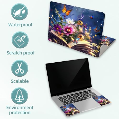 Universal Laptop Skin Decal, 3-Piece Vinyl Protector for 12 13 14 15.6" Notebook, Waterproof Anti-Scratch, Easy Trim & Bubble-Free Finish, Book with Flowers and Butterflies - color: Book with Flowers and Butterflies