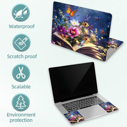 Universal Laptop Skin Decal, 3-Piece Vinyl Protector for 12 13 14 15.6" Notebook, Waterproof Anti-Scratch, Easy Trim & Bubble-Free Finish, Book with Flowers and Butterflies - color: Book with Flowers and Butterflies