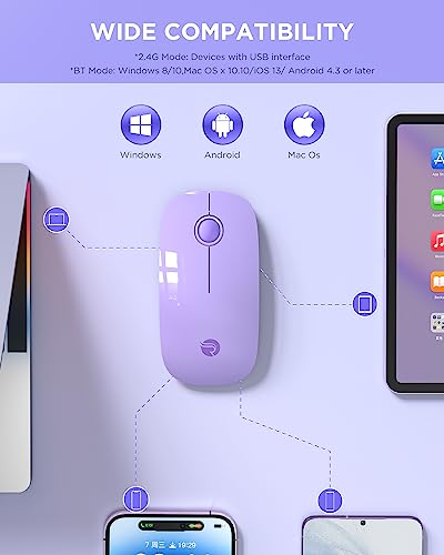 RAPIQUE Wireless Bluetooth Mouse, BT 5.1＆ 2.4GHz Slim Dual Mode, Purple | Quiet clicks, Low Power, 1600 DPI, USB-A Receiver, Portable design, Works with MacBook, Laptop, Desktop, iPad and Chromebook - color: Purple