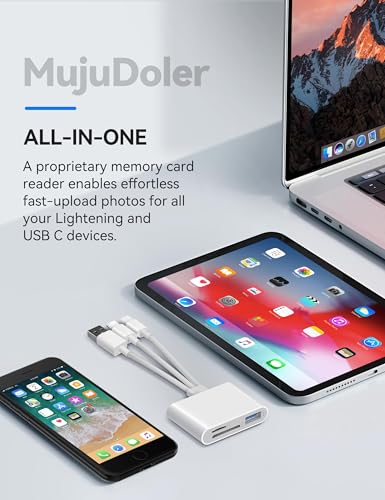 SD Card Reader for iPhone iPad Laptop 3-in-1 Connectors Memory Card Adapter with Dual Slots & USB Port Trail Game Camera Viewer for iPhone Mac MacBook Android Laptop White - size: Three USB-C Lightening USB-A plugs