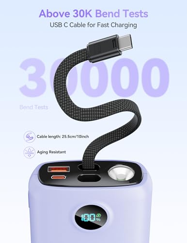 DIAMUAR Portable Charger 20000mAh 45W, Built in USB C Cable, 3W Flashlight | Fast Charging, Digital Display, 3 Ports, All-Day Power, Travel-Ready, for iPhone 17/16/15, Tablet, Laptop, Camping Essentials - color: Purple