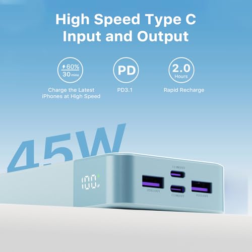 JUOVI Power Bank 45W 20000mAh Portable Charger USB C, PD QC Fast Charging 4-Port(2C+2A) External Battery Pack with LED Display, for iPhone 15 16 MacBook ipad | PD QC Fast Charging with 4 USB Ports(2C 2A), LED Display External Battery Pack for iPad Tablet