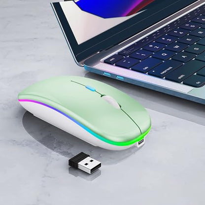 WREANU Wireless Bluetooth Mouse Rechargeable Laptop Mice with LED Lights Silent Slim Use(BT5.2 and 2.4G Portable USB Receiver)Dual Mode Computer Mouse for Laptop/iPad/Tablet/Apple/Computer/Mac(Green) - color: Green Wireless Bluetooth Mouse