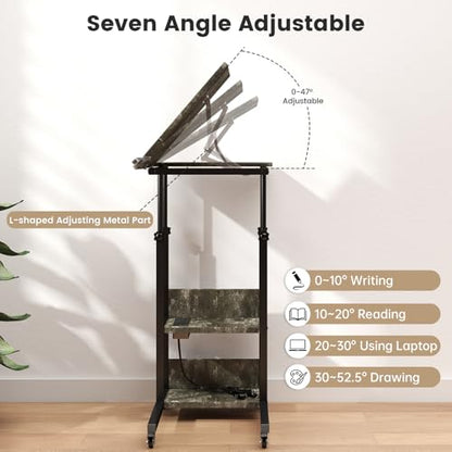 Hadulcet Adjustable C Table with Charging Station, Tiltable Desk C Shaped End Table for Couch, Over Bed Table with Wheels Adjustable Height, Laptop Stand Drawing Desk, Marble Grey - color: Marble Grey, style: Upgrade