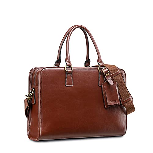 Kattee Genuine Leather Briefcase for Women, Large Capacity Laptop Bag | Genuine leather, spacious fits 14" laptop. Multiple pockets. Ideal for work, business travel - color: Coffee