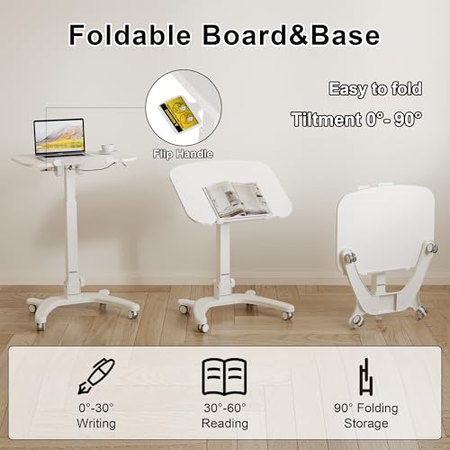 BONTEC Mobile Foldable Standing Desk, Portable Adjustable Height Desk with Gas Spring, Small Rolling Laptop Desk with Wheels for Home, Office, Bedroom, and Medical Use, 25.6" x 19.7" Desktop, White - color: White