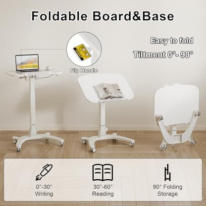 BONTEC Mobile Foldable Standing Desk, Portable Adjustable Height Desk with Gas Spring, Small Rolling Laptop Desk with Wheels for Home, Office, Bedroom, and Medical Use, 25.6" x 19.7" Desktop, White - color: White
