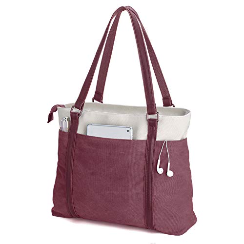 Laptop Tote Bag for Women, 15.6 Inch Work Bag with Laptop Compartment and Zipper, Canvas Computer Tote for Teacher - color: Burgundy