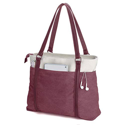 Laptop Tote Bag for Women, 15.6 Inch Work Bag with Laptop Compartment and Zipper, Canvas Computer Tote for Teacher - color: Burgundy