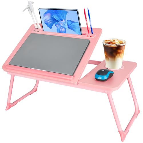Laptop Bed Desk, Adjustable Lap Desk, Small Laptop Table with USB Charge Port, Desktop Card &Pen Slot, Cup Holder, Foldable Bed Tray Table for Couch Sofa Chair Floor Eating Working - color: Adjustable Pink