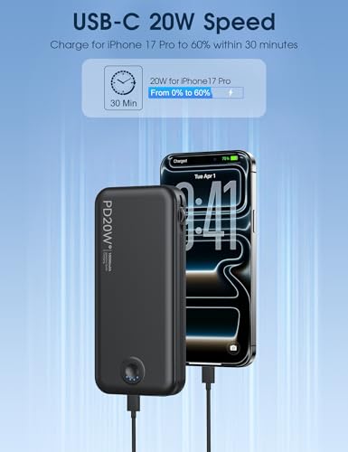 Nusyddy Portable Charger 10000mAh Fast Charging w/Built-in Wall Plug Black | PD20W Fast Charging, LED Indicator, Pass Through Charging, TSA Approved, Compact/Slim, Power Bank for iPhone/iPad/Samsung - color: Black