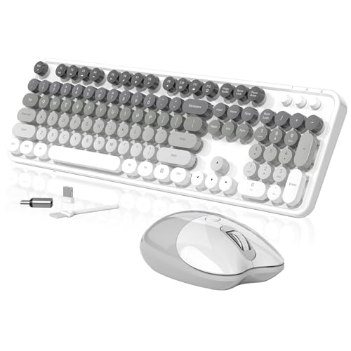 Creamy Wireless Keyboard and Mouse, MOFII 104 Round Keycaps Retro Typewriter with OTG & Brush, Full-Size Ergonomic, Ideal for Windows PC, Home, Office and College Gray White - color: Gray White